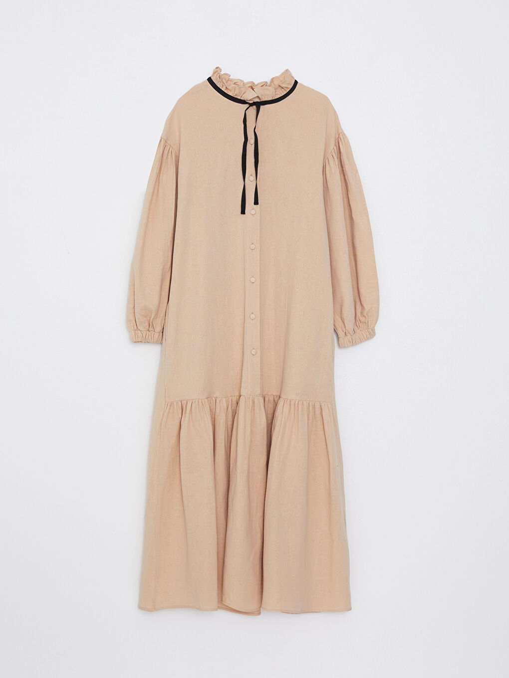 Bej Fırfırlı Dik Yaka Düz Uzun Kollu Kadın Elbise-6