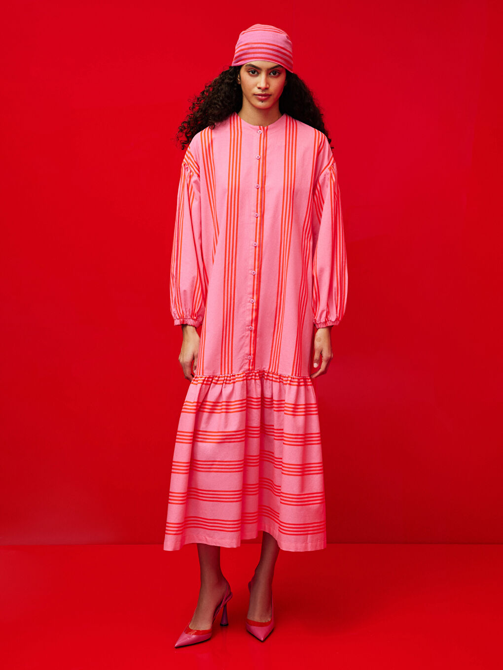 Pembe Bisiklet Yaka Çizgili Uzun Kollu Poplin Kadın Elbise