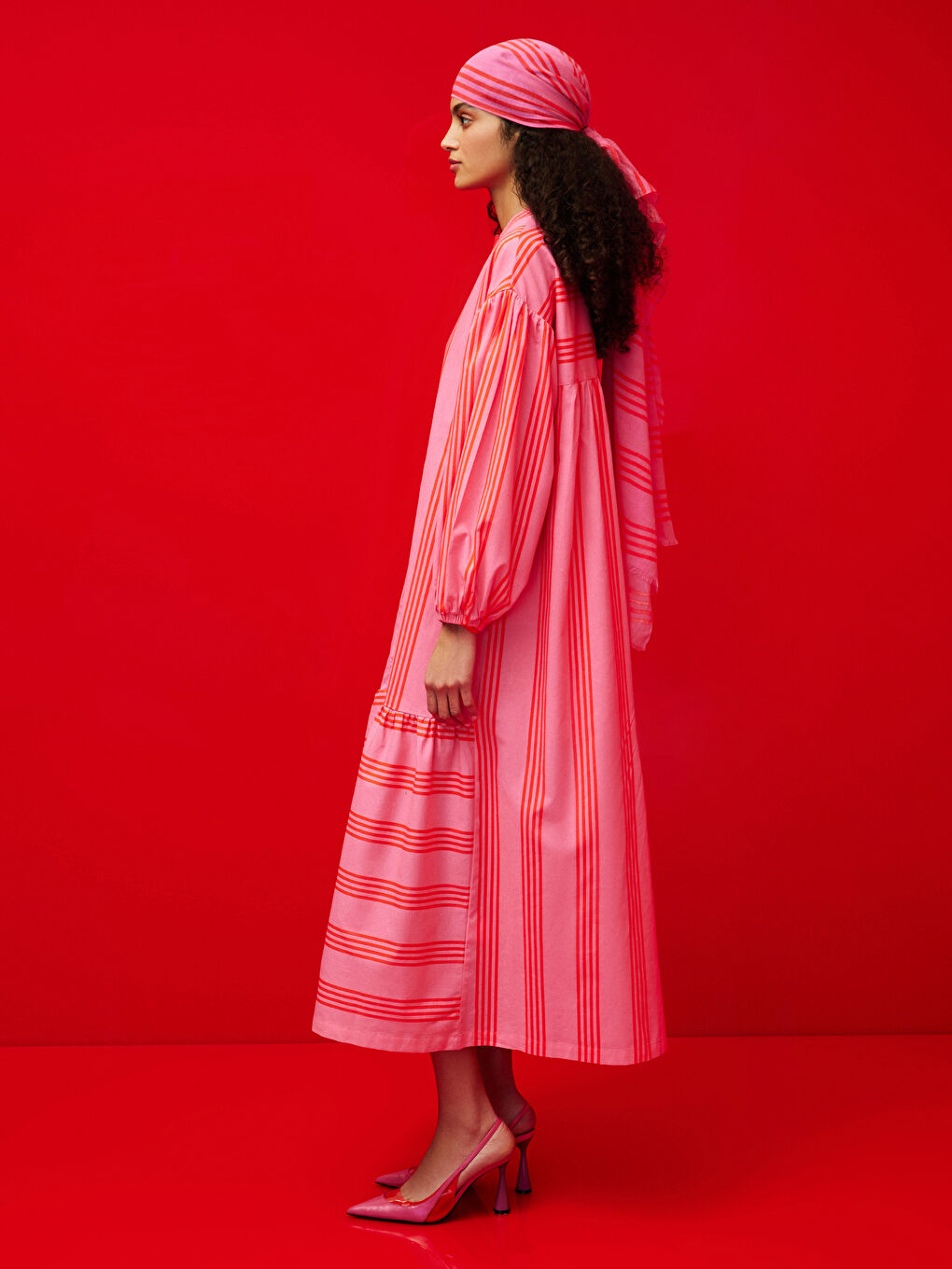 Pembe Bisiklet Yaka Çizgili Uzun Kollu Poplin Kadın Elbise-1