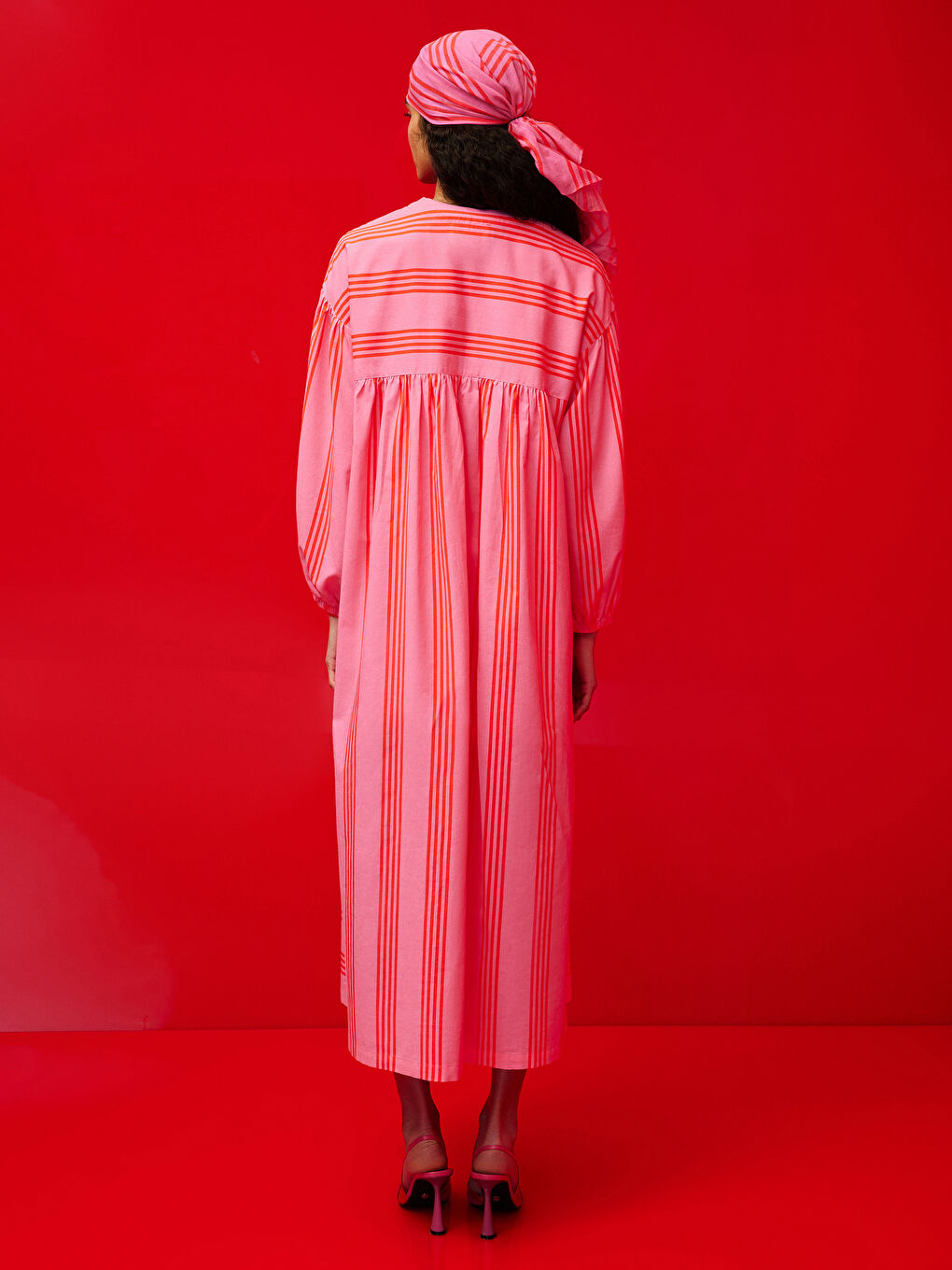 Pembe Bisiklet Yaka Çizgili Uzun Kollu Poplin Kadın Elbise-2