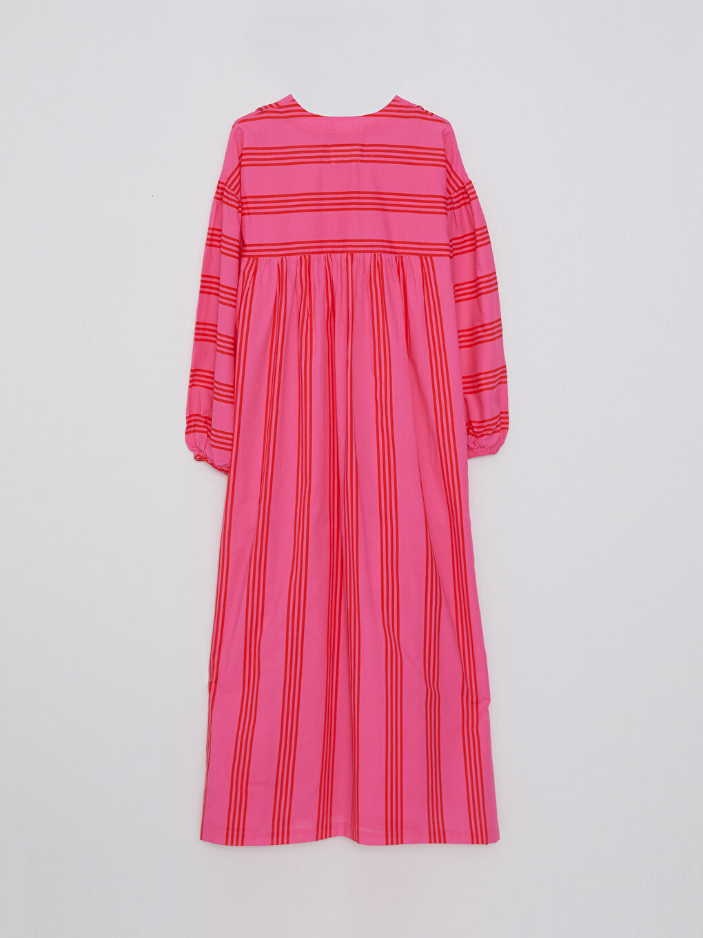 Pembe Bisiklet Yaka Çizgili Uzun Kollu Poplin Kadın Elbise-4