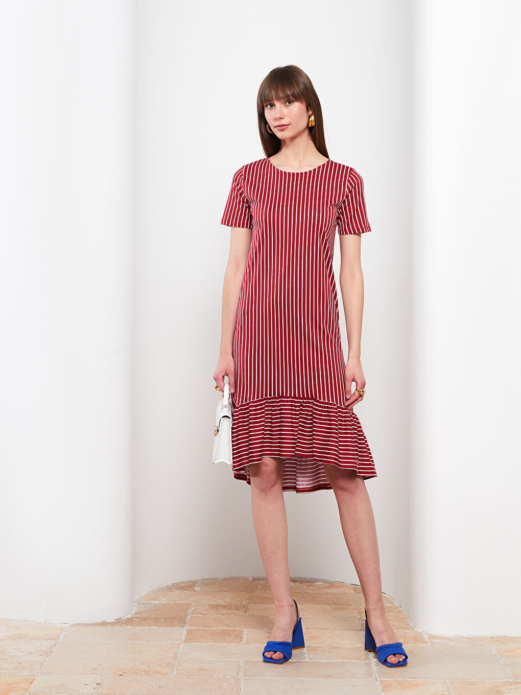 Kırmızı Bisiklet Yaka Çizgili Kısa Kollu Pamuklu Kadın Elbise