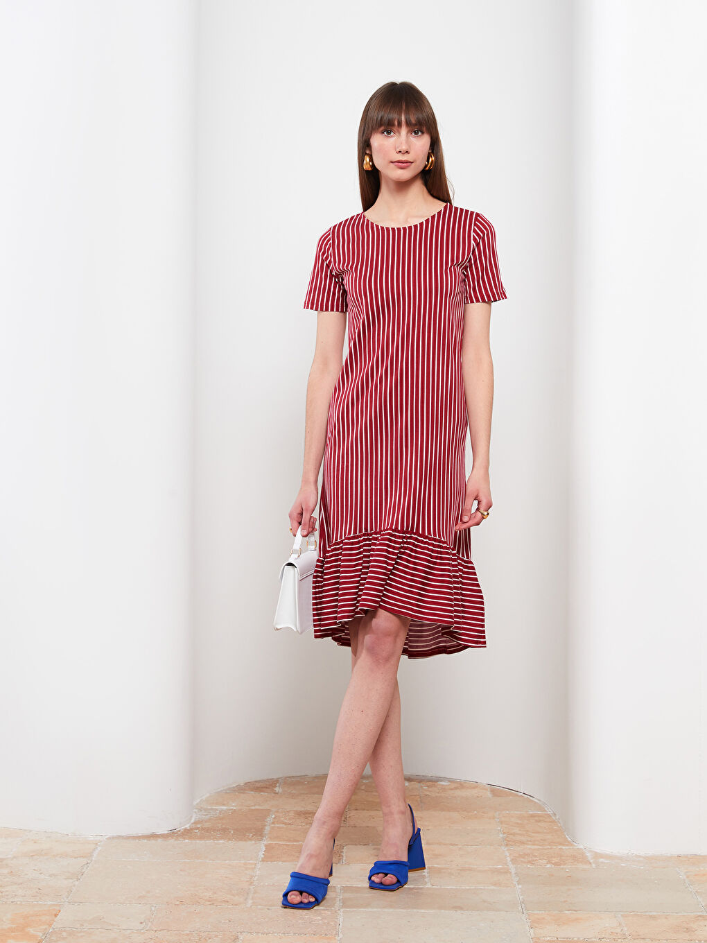 Kırmızı Bisiklet Yaka Çizgili Kısa Kollu Pamuklu Kadın Elbise-1