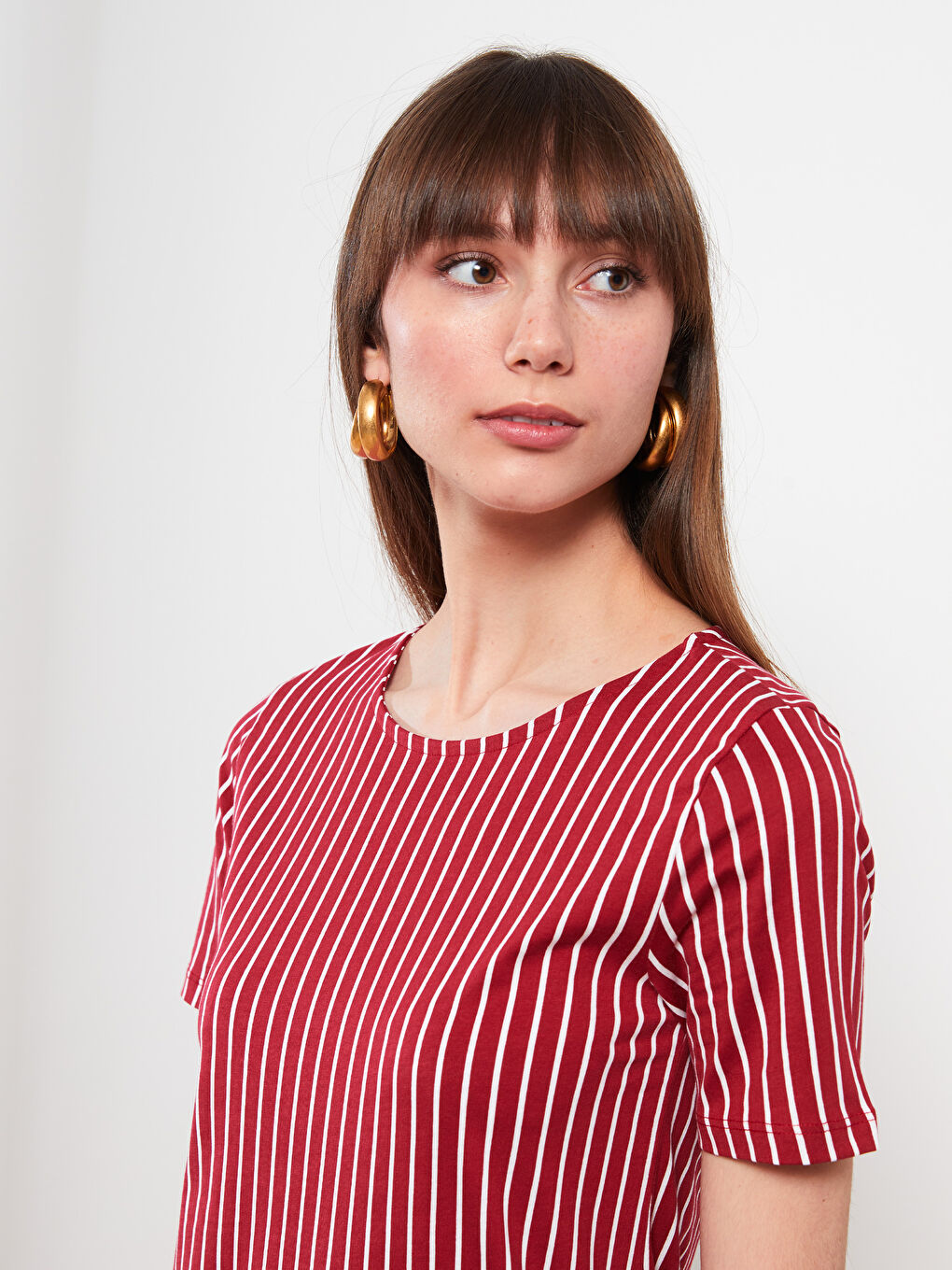 Kırmızı Bisiklet Yaka Çizgili Kısa Kollu Pamuklu Kadın Elbise-2