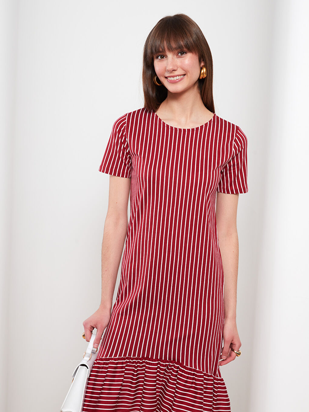 Kırmızı Bisiklet Yaka Çizgili Kısa Kollu Pamuklu Kadın Elbise-3