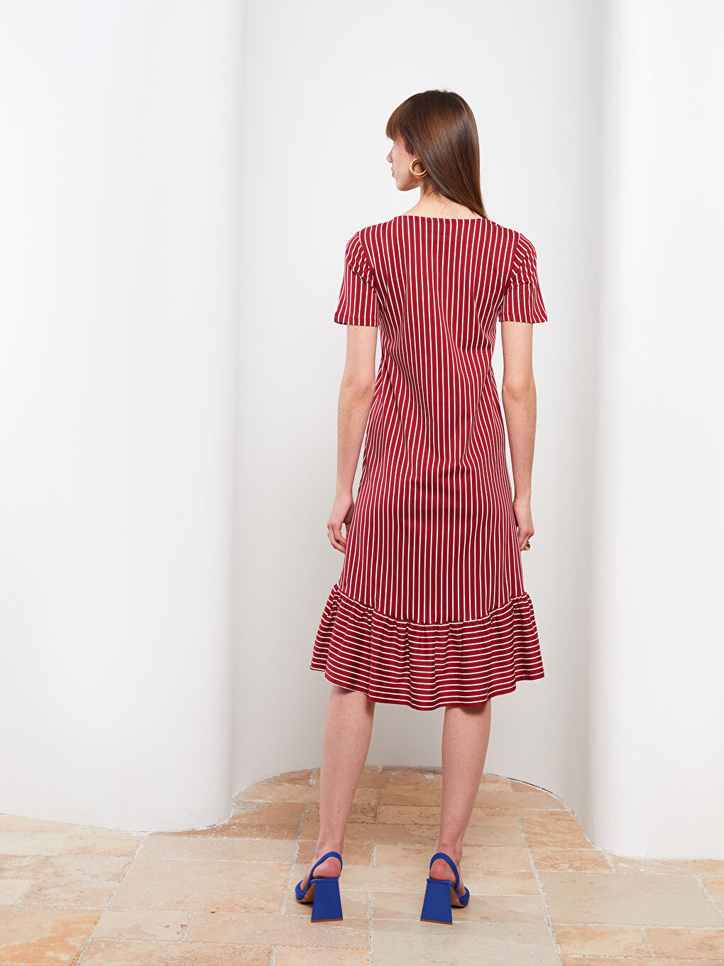Kırmızı Bisiklet Yaka Çizgili Kısa Kollu Pamuklu Kadın Elbise-5