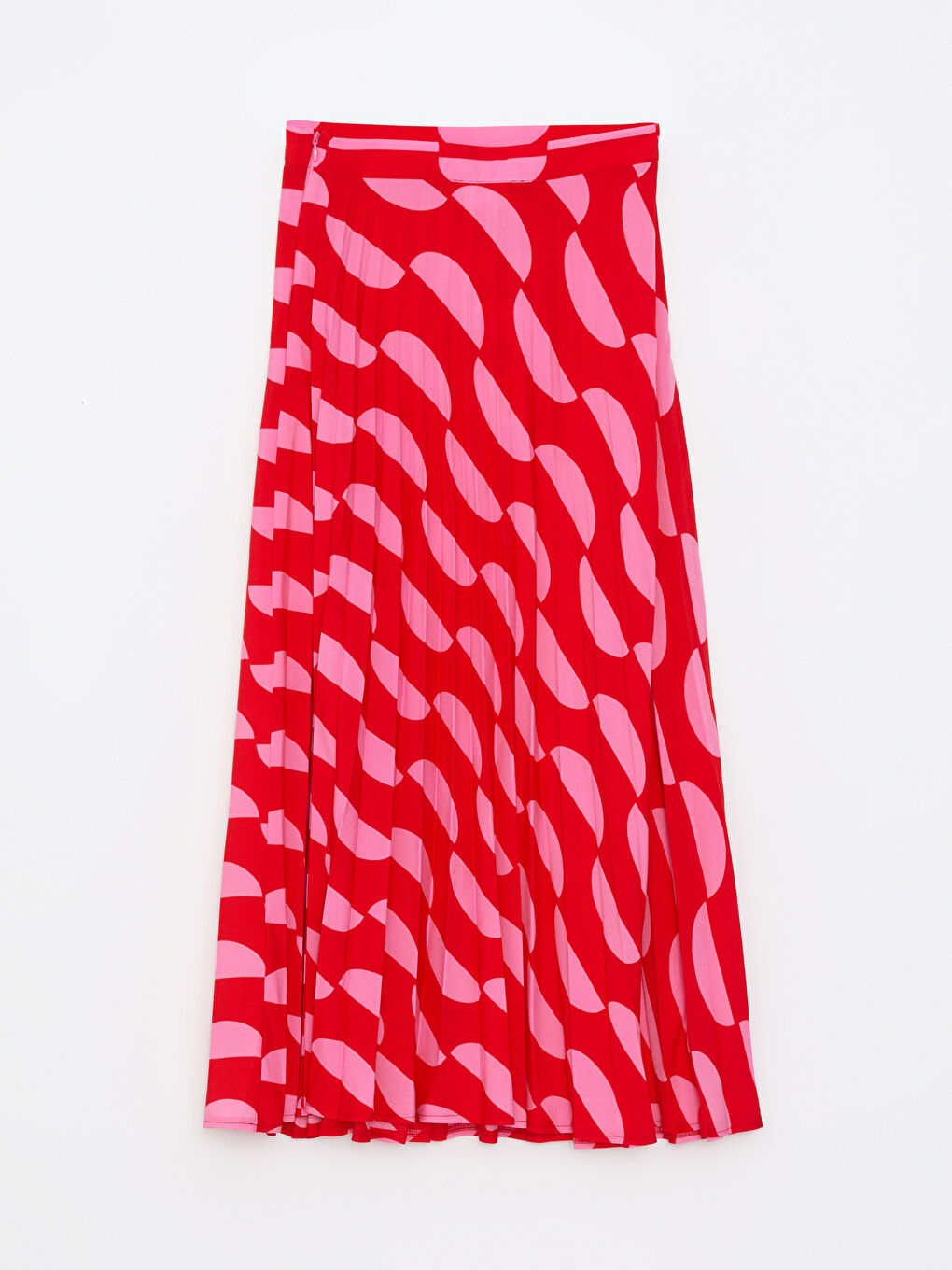 Kırmızı Beli Fermuarlı Desenli Şifon Kadın Pileli Etek-5