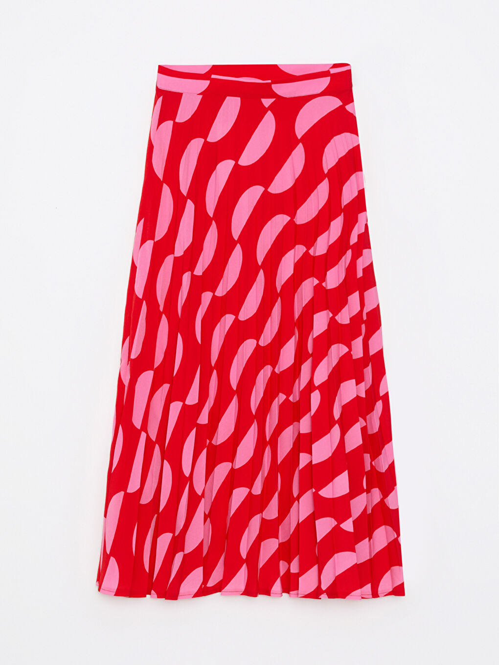 Kırmızı Beli Fermuarlı Desenli Şifon Kadın Pileli Etek-4