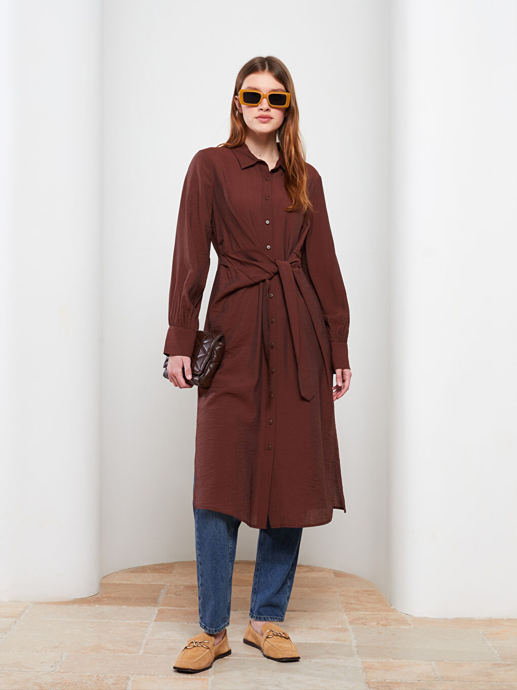 Kahverengi Düz Uzun Kollu Kadın Gömlek Tunik