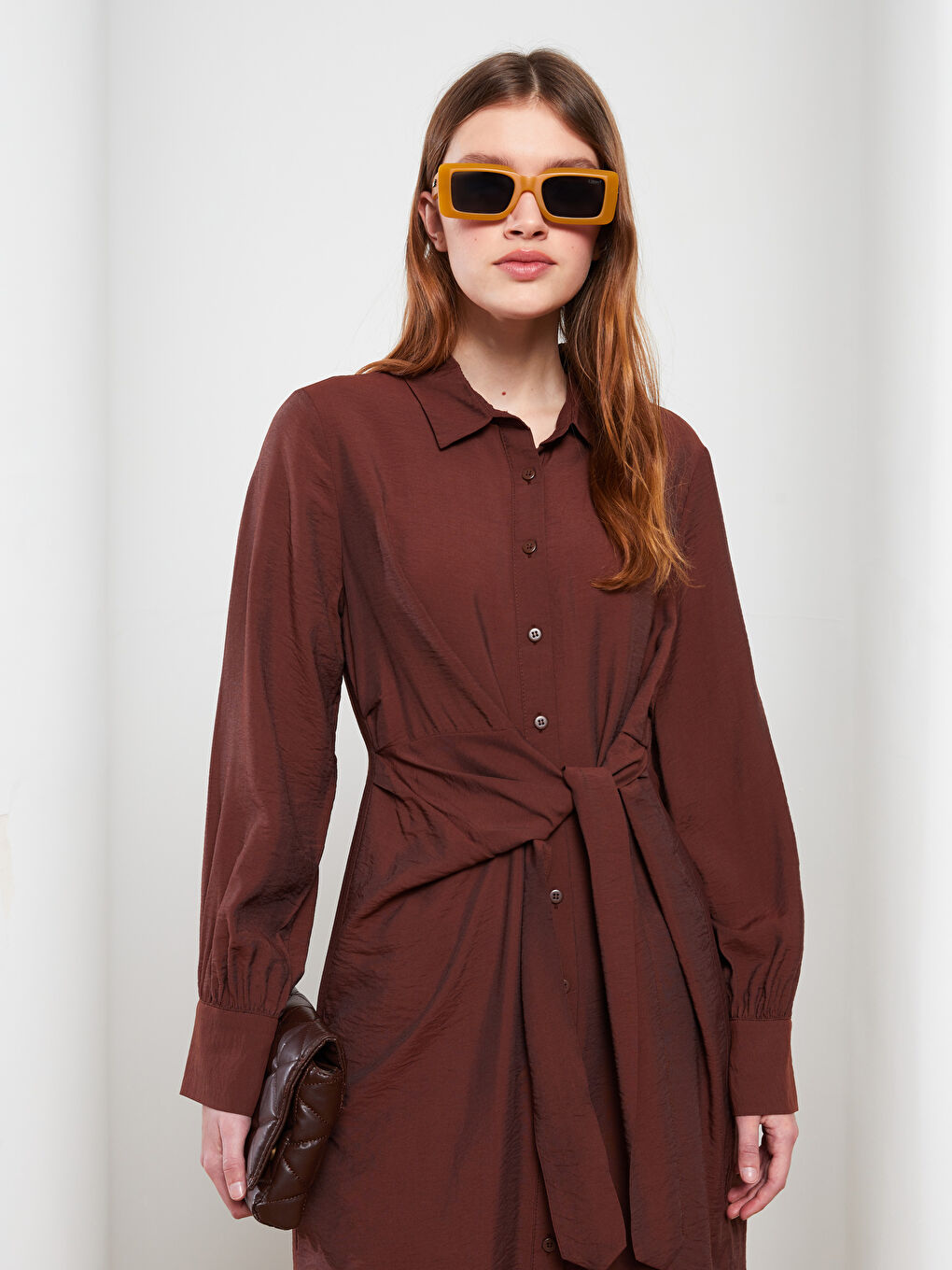 Kahverengi Düz Uzun Kollu Kadın Gömlek Tunik-1