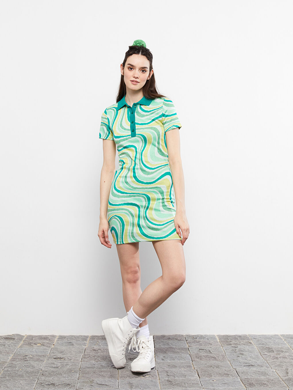 Polo Neck Patterned Short Sleeve Women's Bodycon Dress -S2IY13Z8-PZS