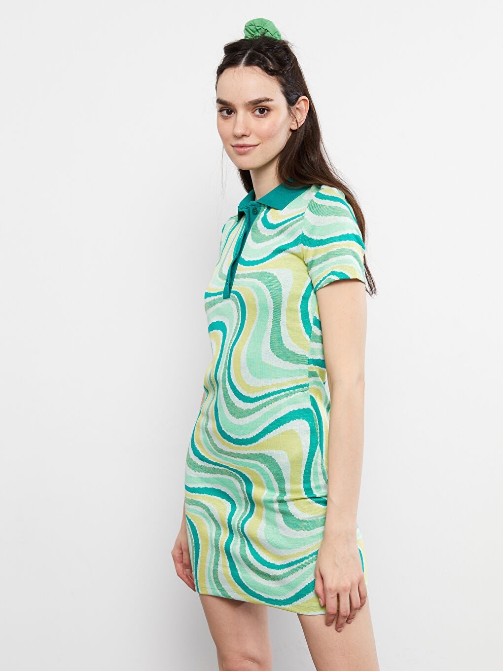 Polo Neck Patterned Short Sleeve Women's Bodycon Dress -S2IY13Z8-PZS