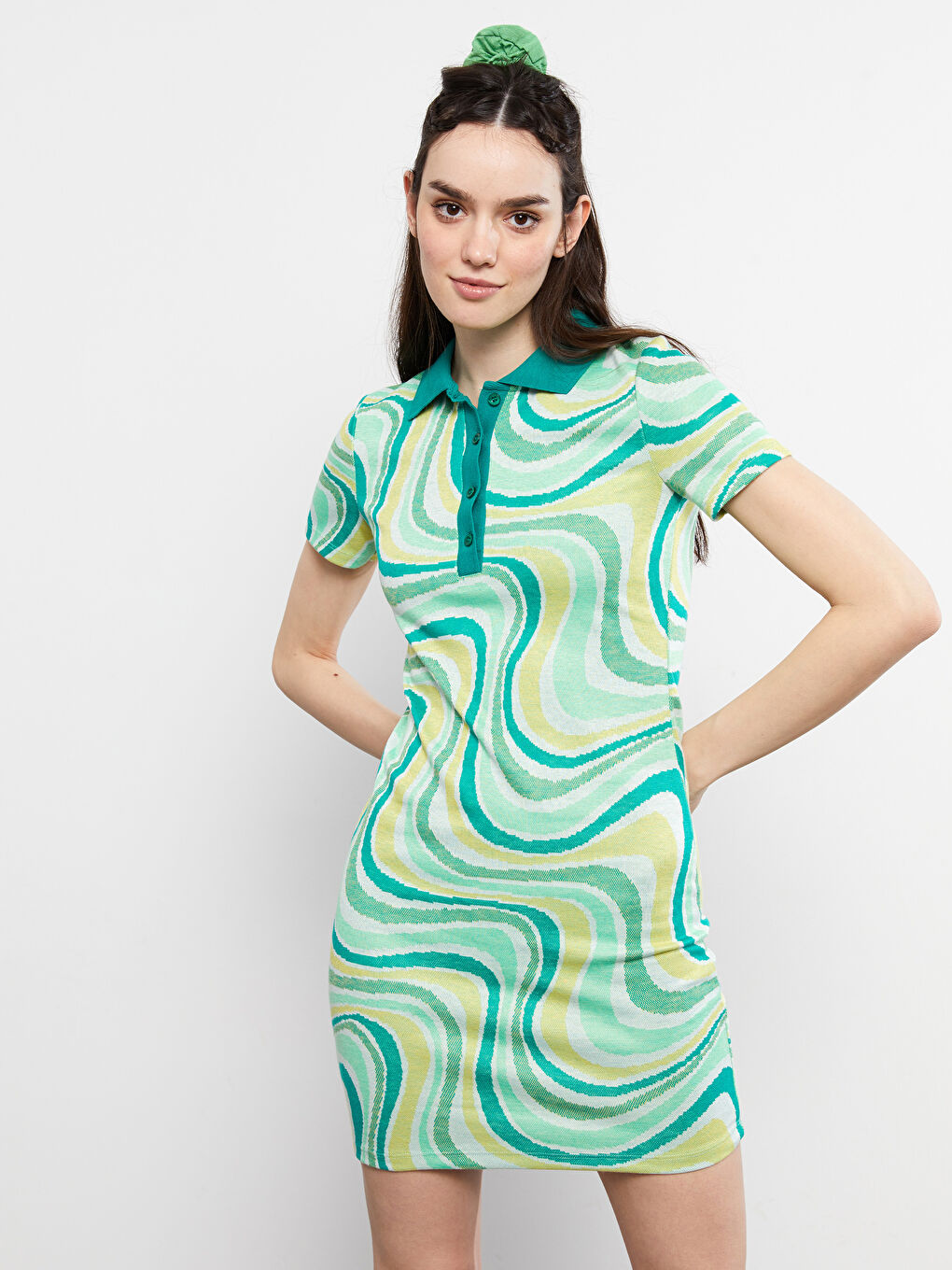 Polo Neck Patterned Short Sleeve Women's Bodycon Dress -S2IY13Z8-PZS