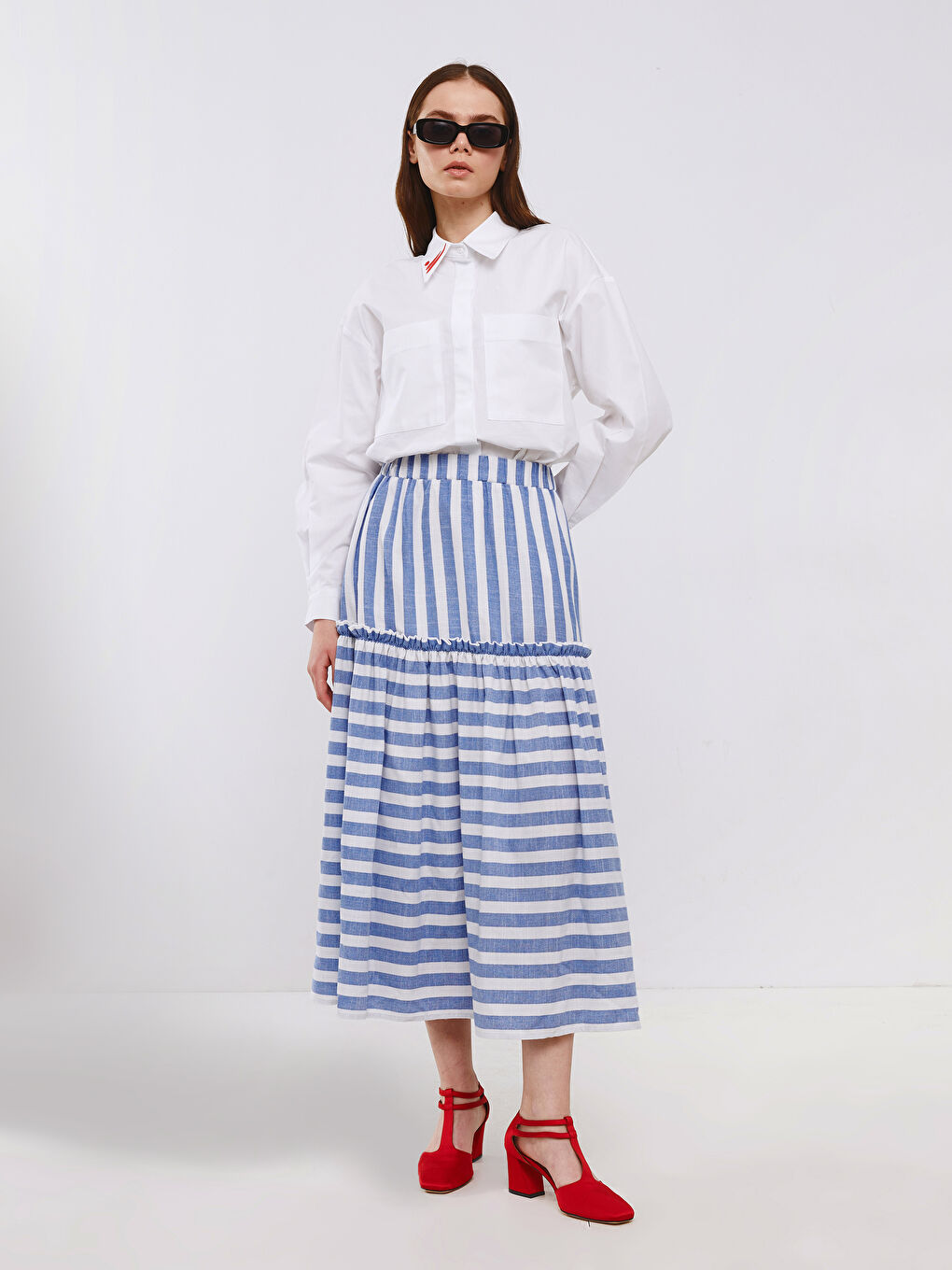Mavi Beli Lastikli Çizgili Kadın Volanlı Etek