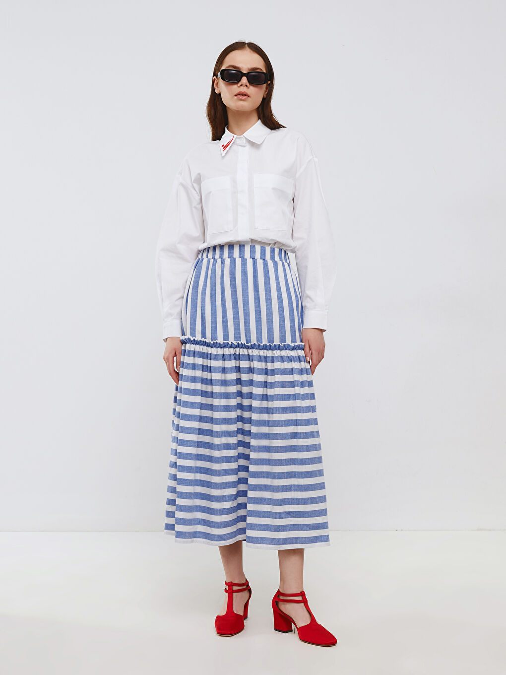 Mavi Beli Lastikli Çizgili Kadın Volanlı Etek-1