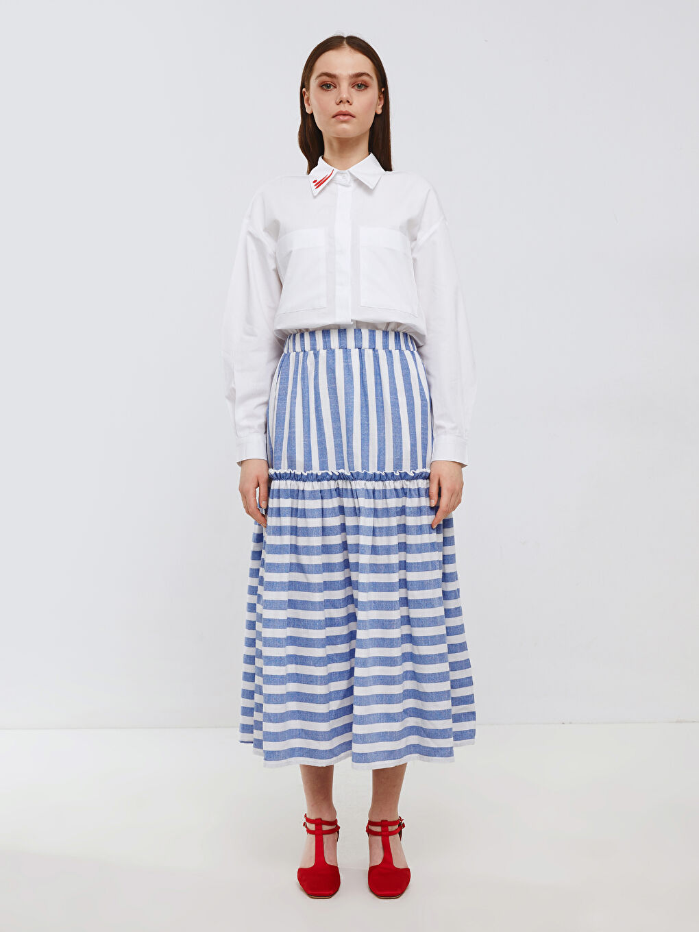 Mavi Beli Lastikli Çizgili Kadın Volanlı Etek-2