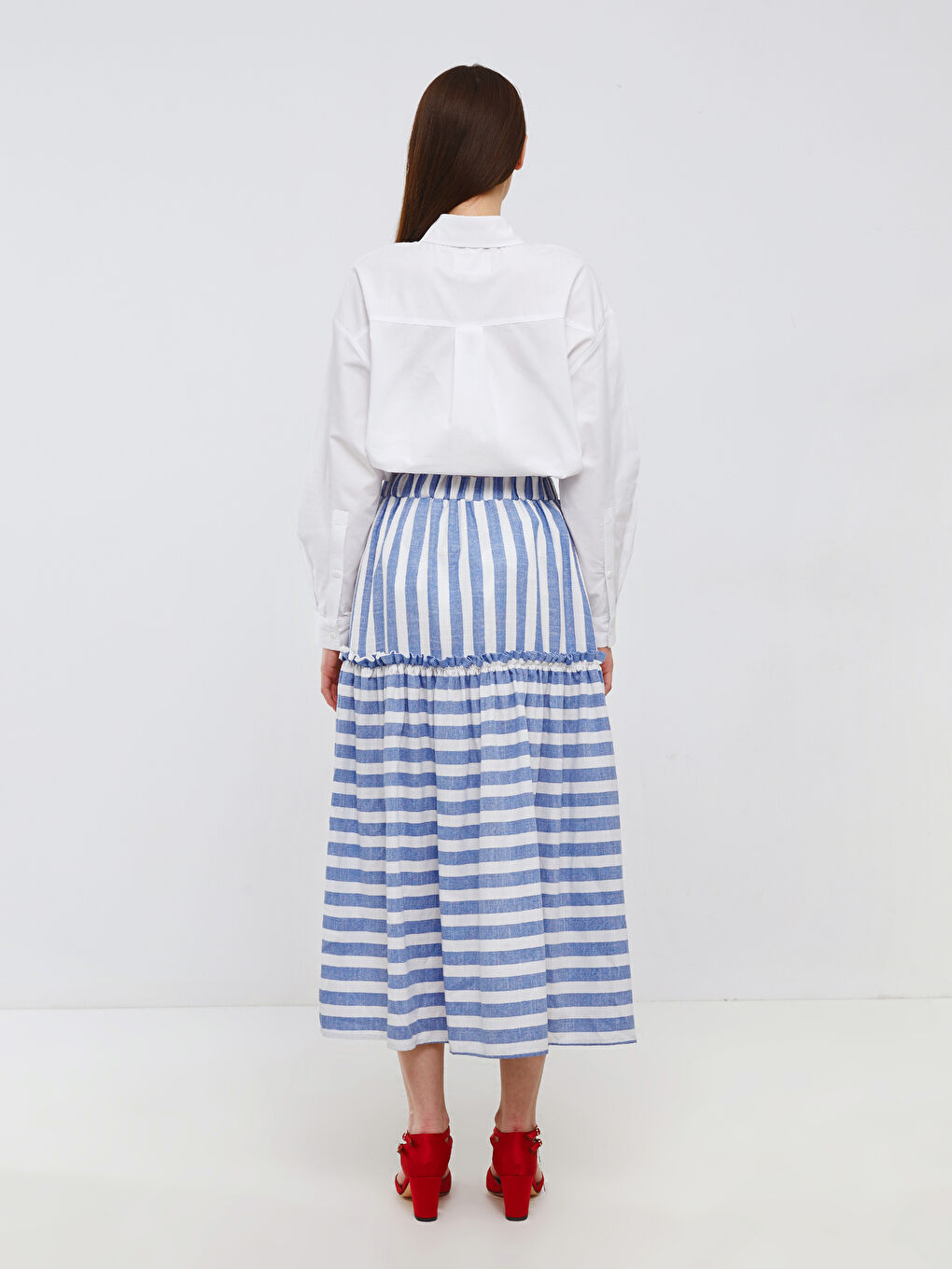 Mavi Beli Lastikli Çizgili Kadın Volanlı Etek-4