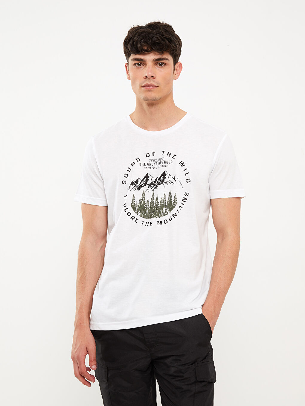 Beyaz Bisiklet Yaka Kısa Kollu Baskılı Erkek Tişört-3