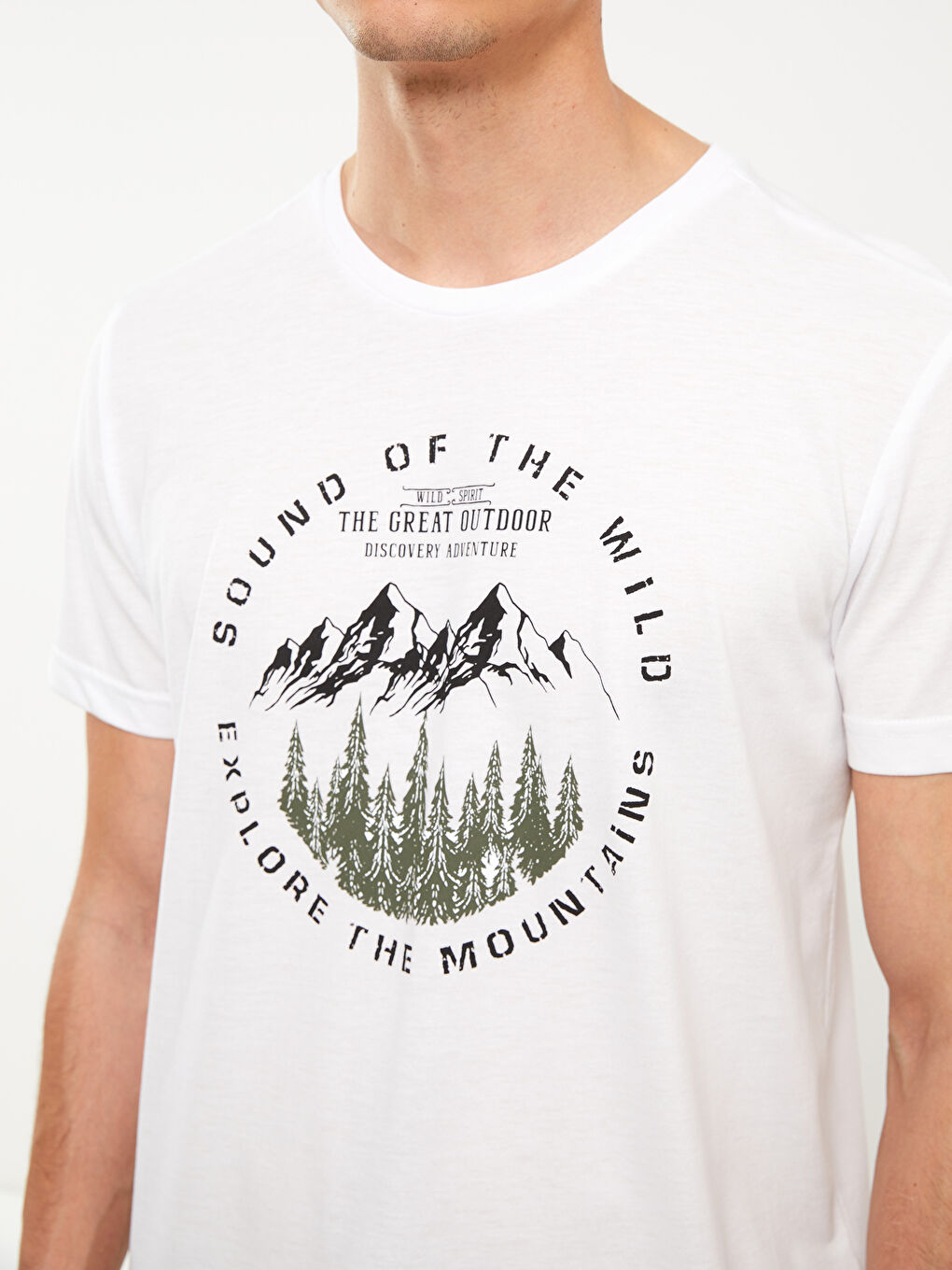 Beyaz Bisiklet Yaka Kısa Kollu Baskılı Erkek Tişört-5