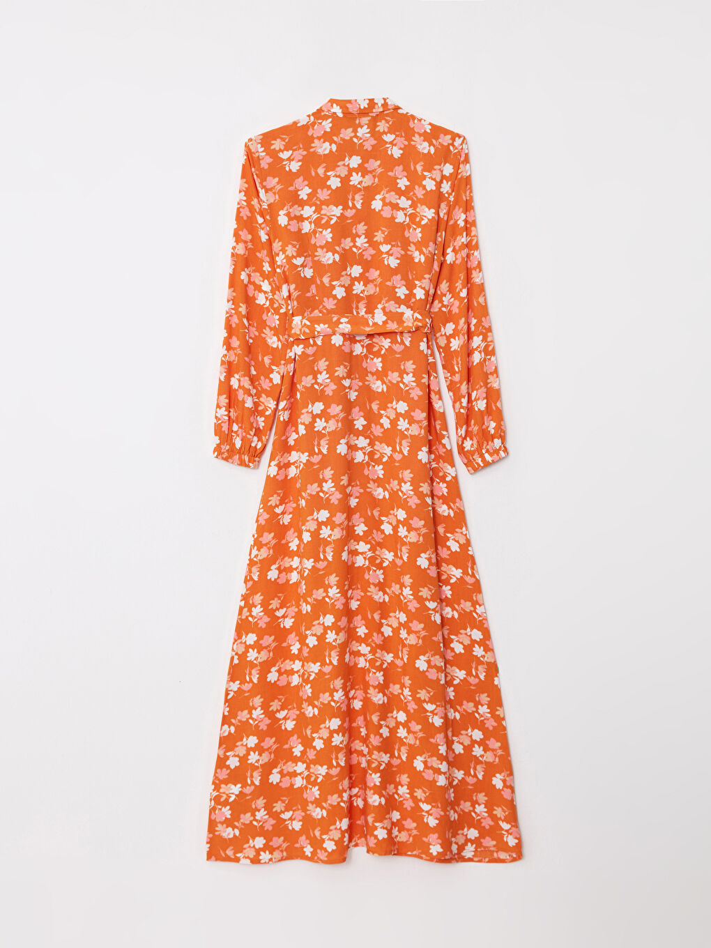 Pembe Gömlek Yaka Çiçekli Uzun Kollu Viskon Kadın Elbise-6