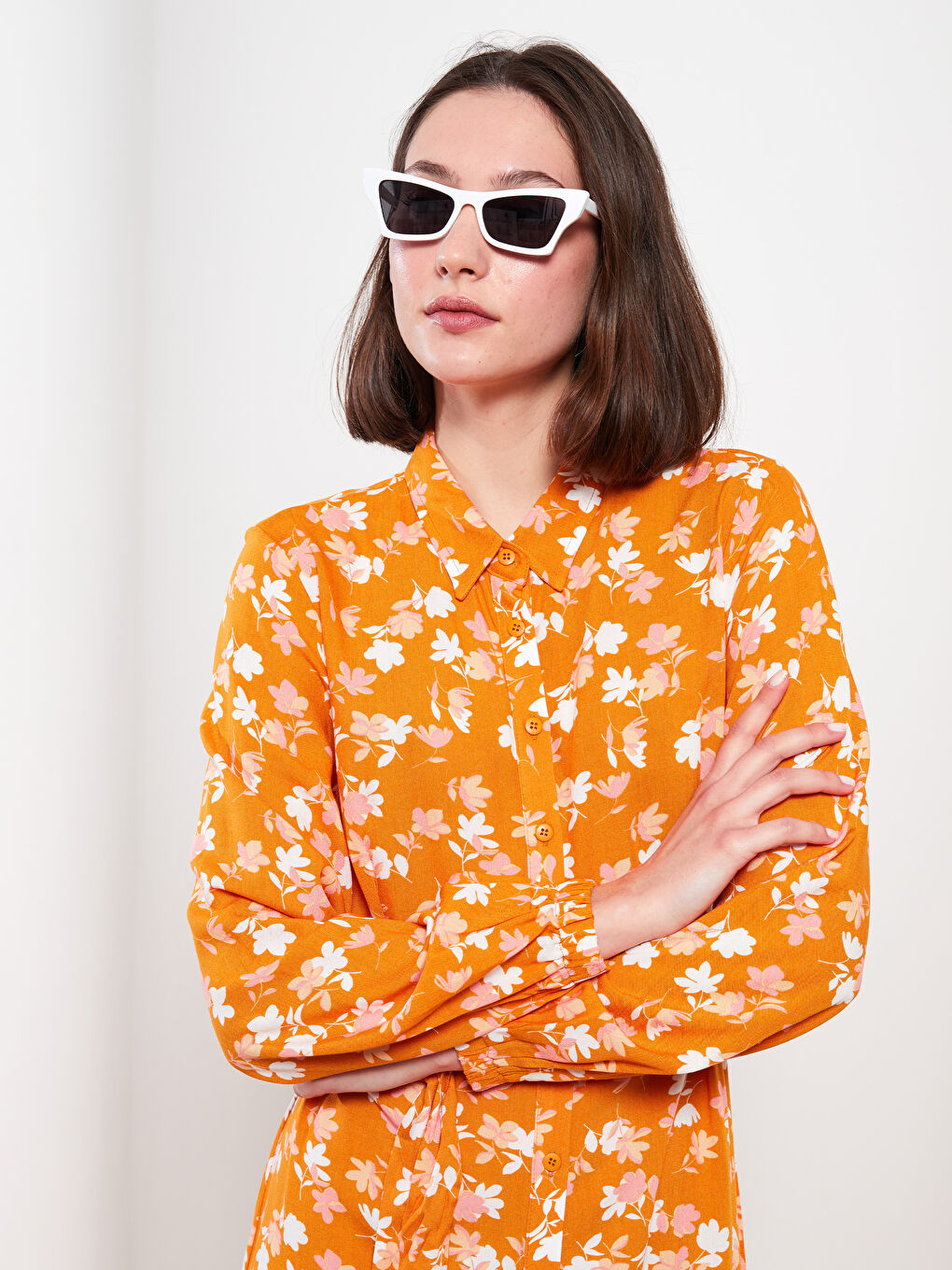 Pembe Gömlek Yaka Çiçekli Uzun Kollu Viskon Kadın Elbise-3