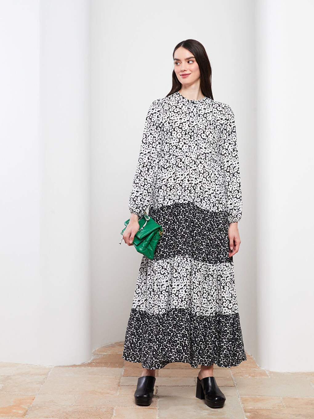 Bisiklet Yaka Çiçekli Uzun Kollu Viskon Kadın Elbise-1