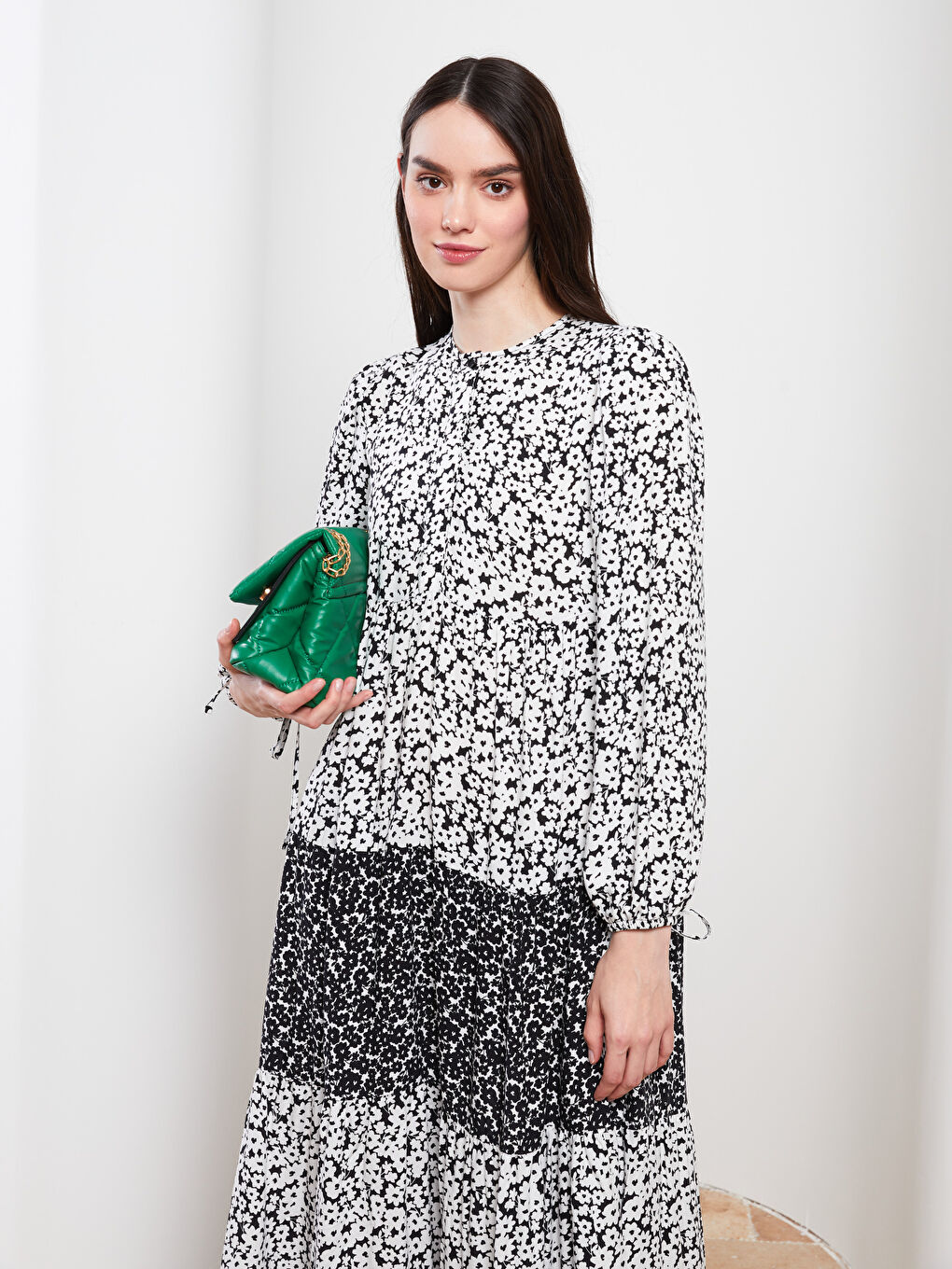 Bisiklet Yaka Çiçekli Uzun Kollu Viskon Kadın Elbise-2