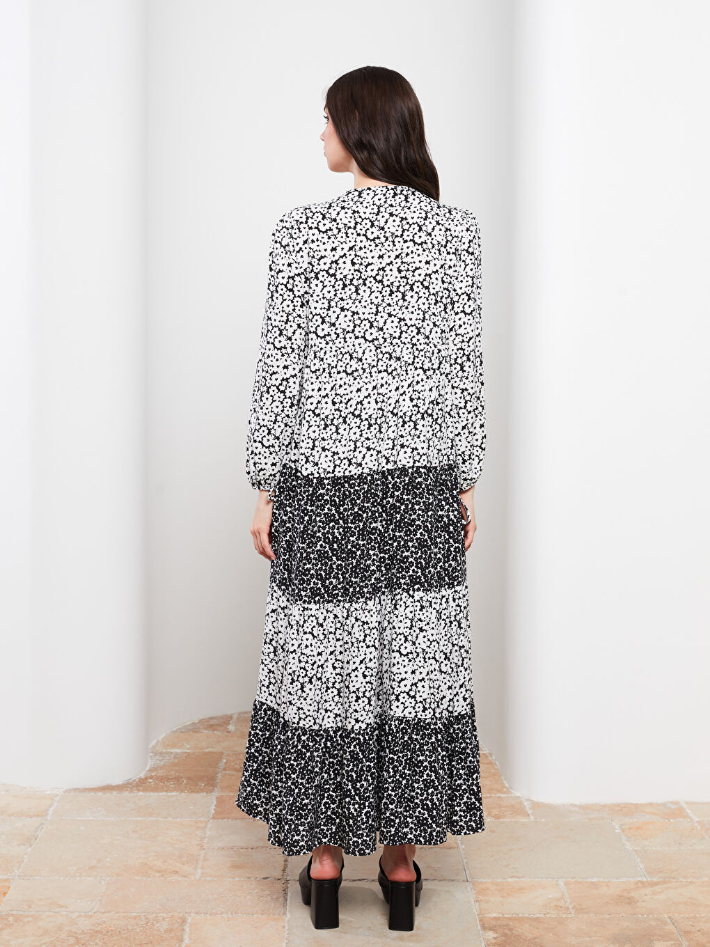 Bisiklet Yaka Çiçekli Uzun Kollu Viskon Kadın Elbise-5