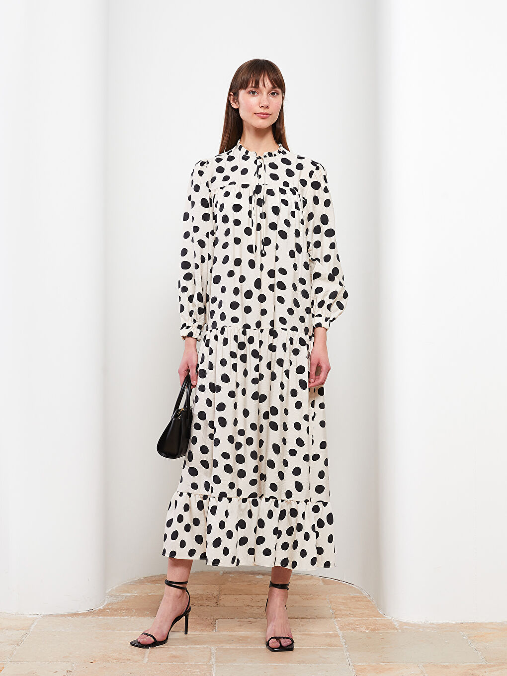 Frilly Tied Collar Polka Dot Long Sleeve Women's Dress