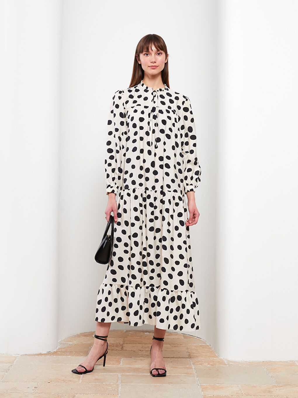 Frilly Tied Collar Polka Dot Long Sleeve Women's Dress-1