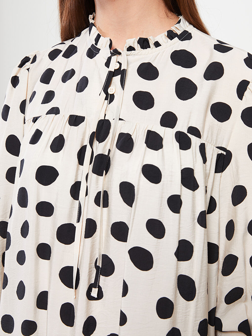 Frilly Tied Collar Polka Dot Long Sleeve Women's Dress-2