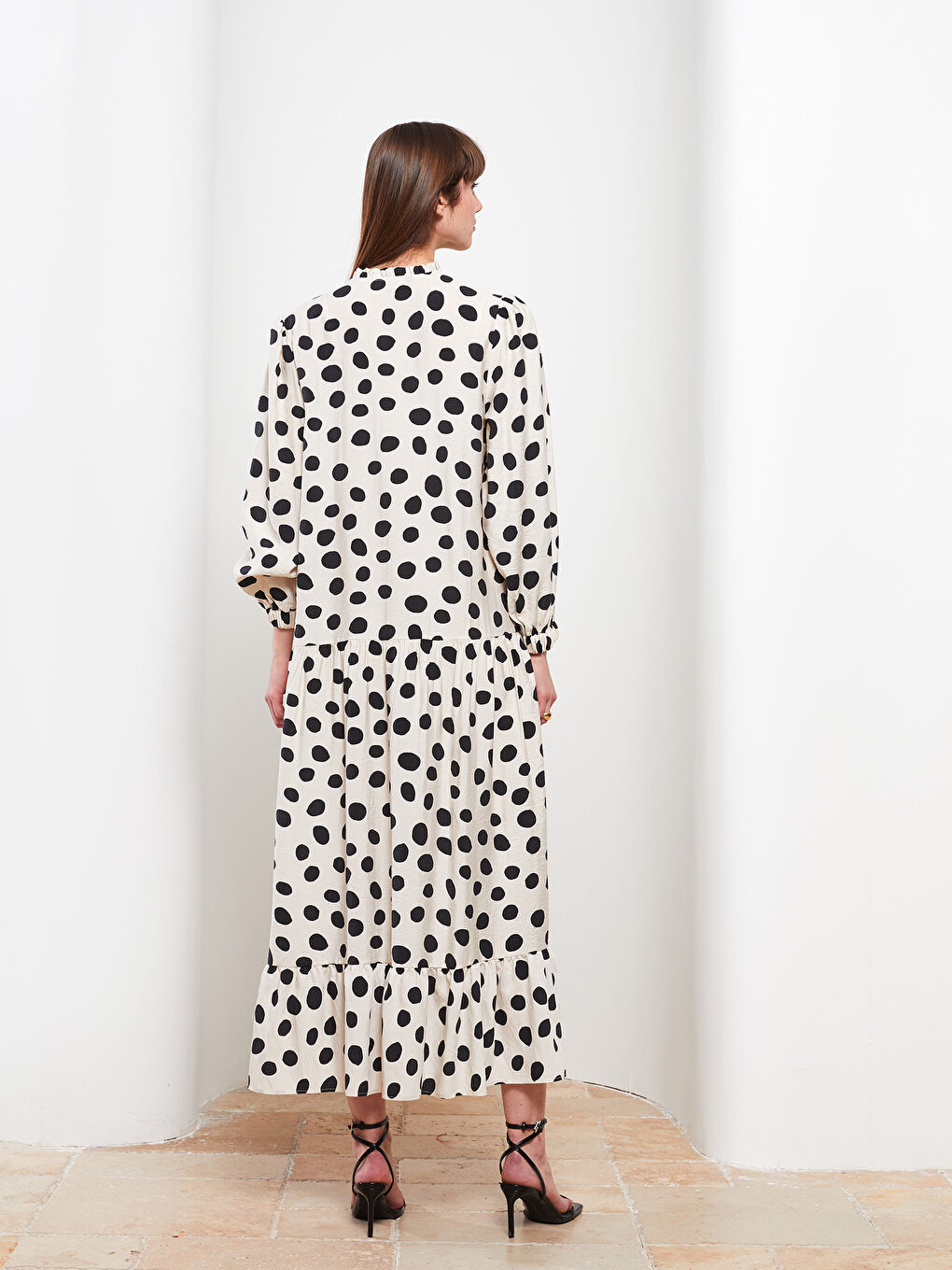 Frilly Tied Collar Polka Dot Long Sleeve Women's Dress-3