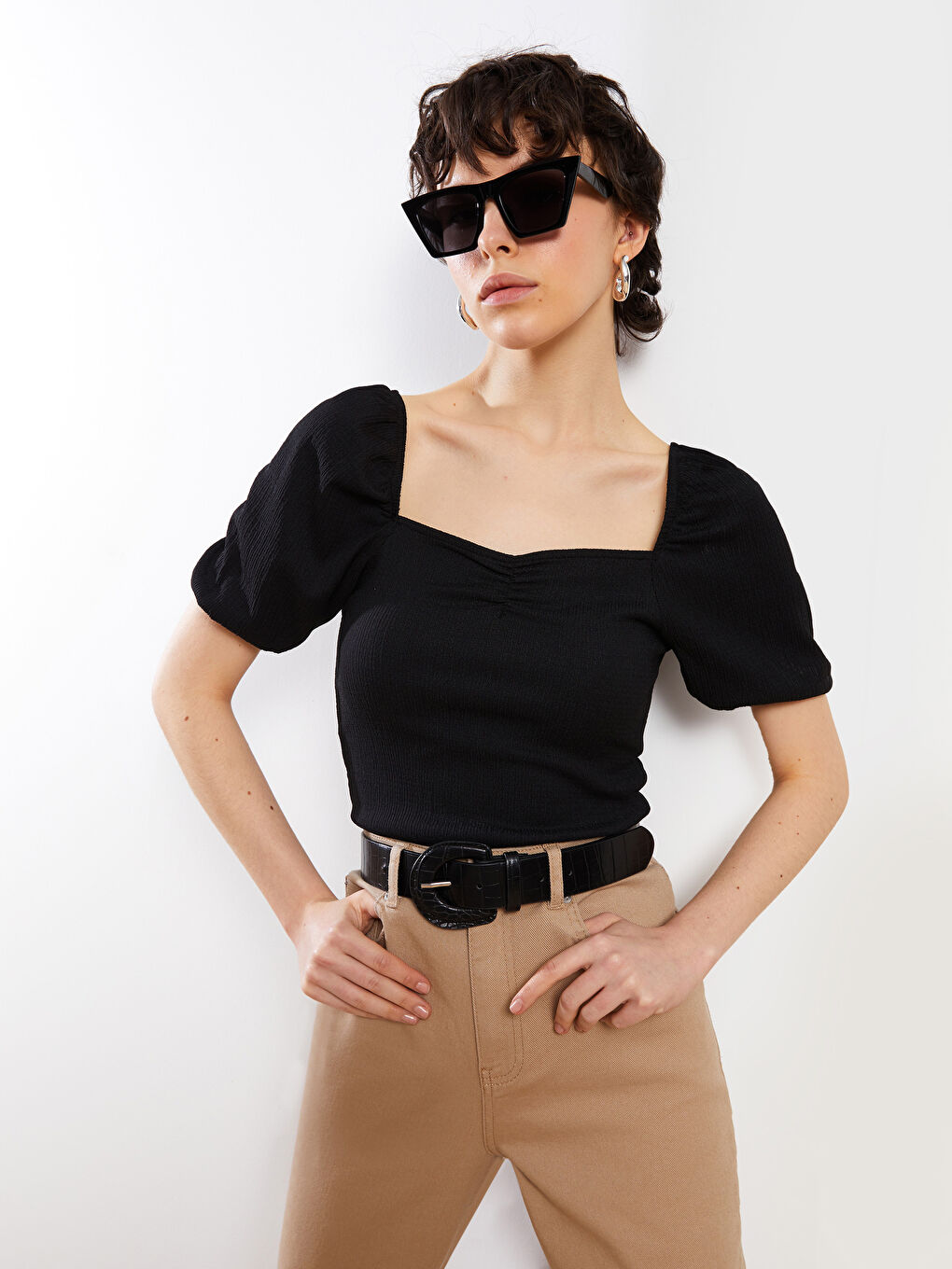 T-shirt pour Femmes à Manches Courtes Uni avec Col Carré