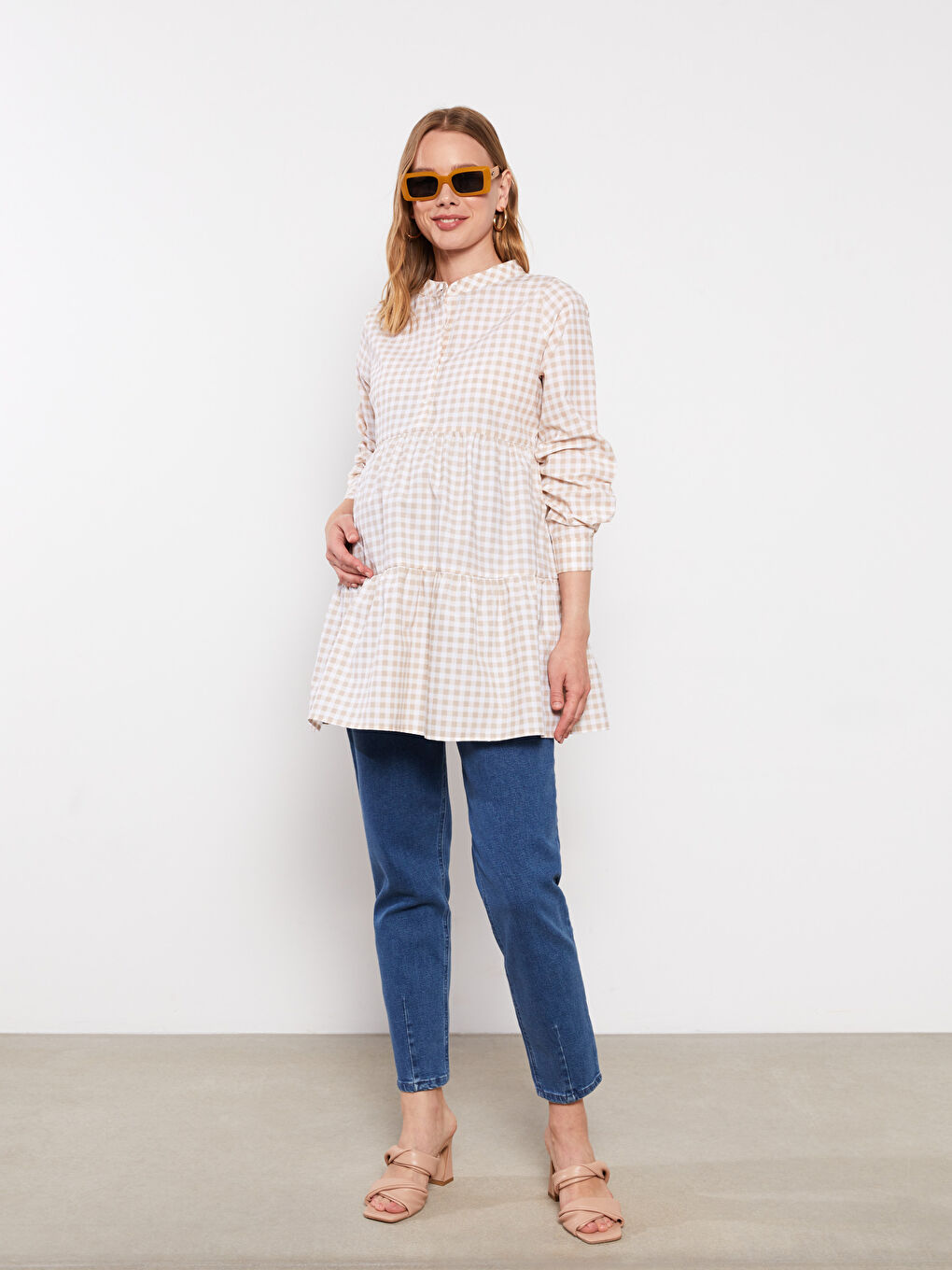 Grandad Collar Plaid Long Sleeve Poplin Maternity Tunic