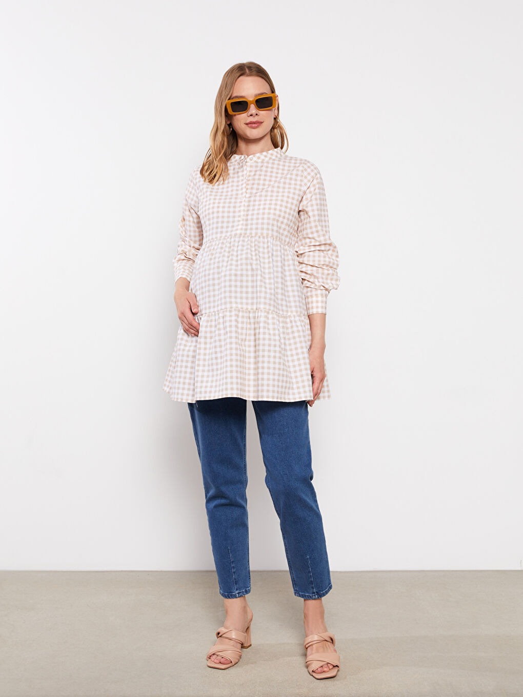 Grandad Collar Plaid Long Sleeve Poplin Maternity Tunic-1