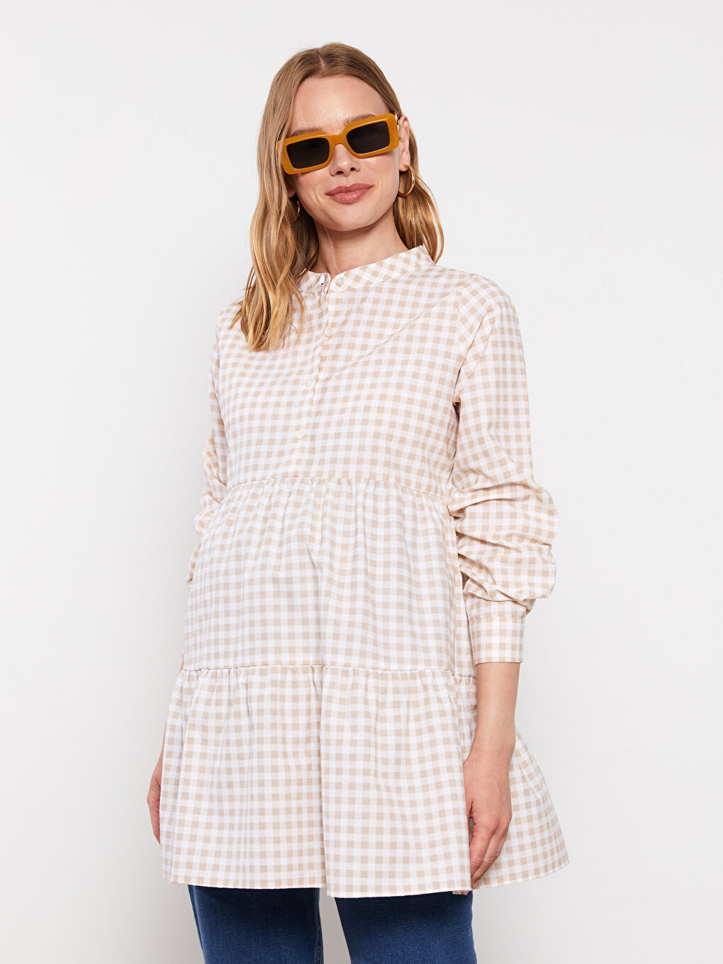 Grandad Collar Plaid Long Sleeve Poplin Maternity Tunic-2