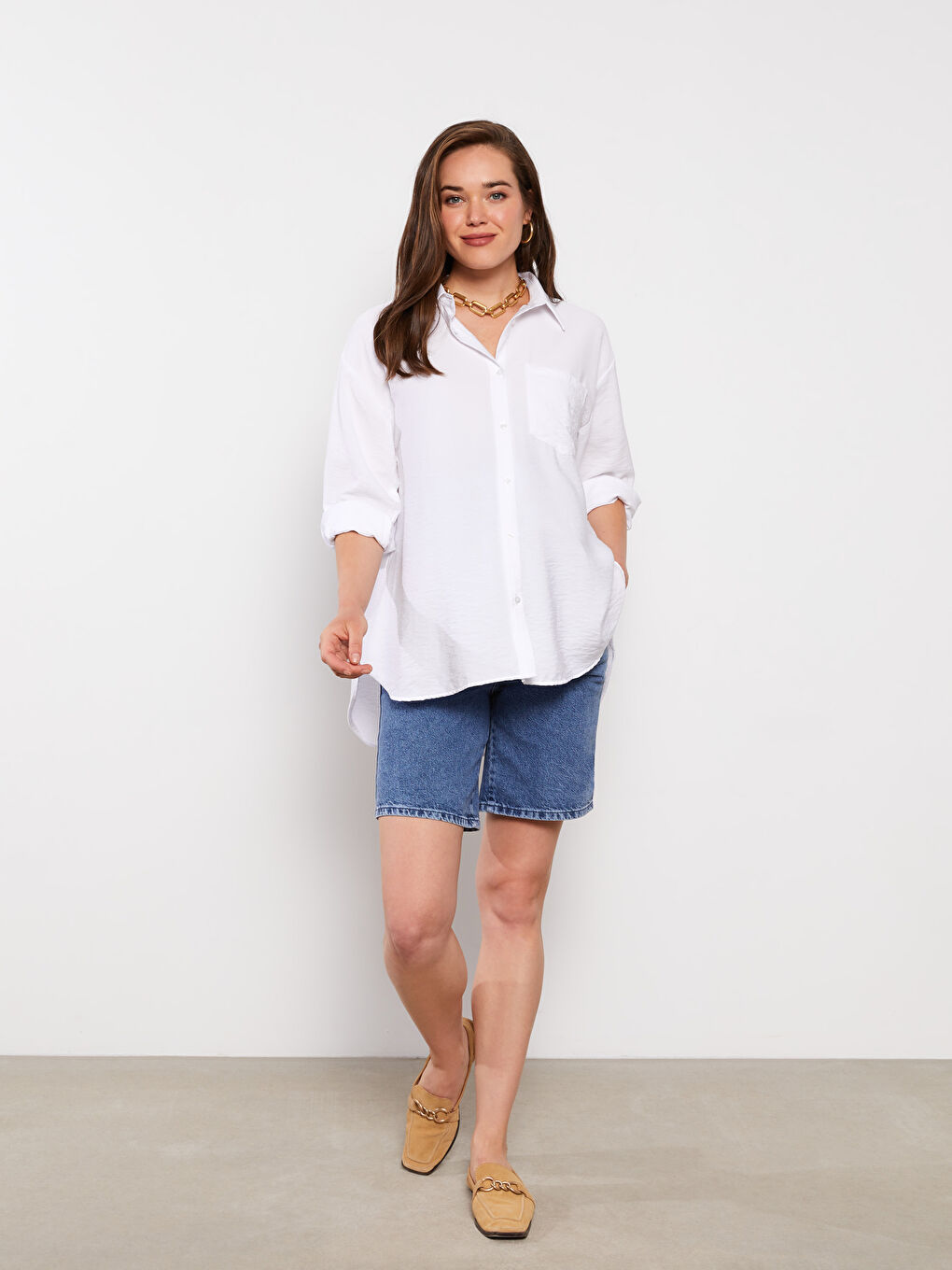 Beyaz Önden Düğme Kapamalı Düz Uzun Kollu Hamile Gömlek-1