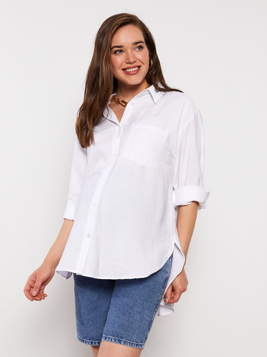 Beyaz Önden Düğme Kapamalı Düz Uzun Kollu Hamile Gömlek-2