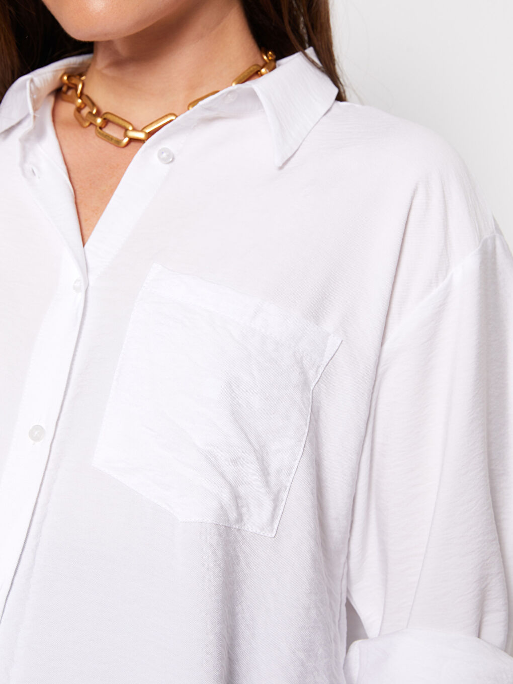 Beyaz Önden Düğme Kapamalı Düz Uzun Kollu Hamile Gömlek-3