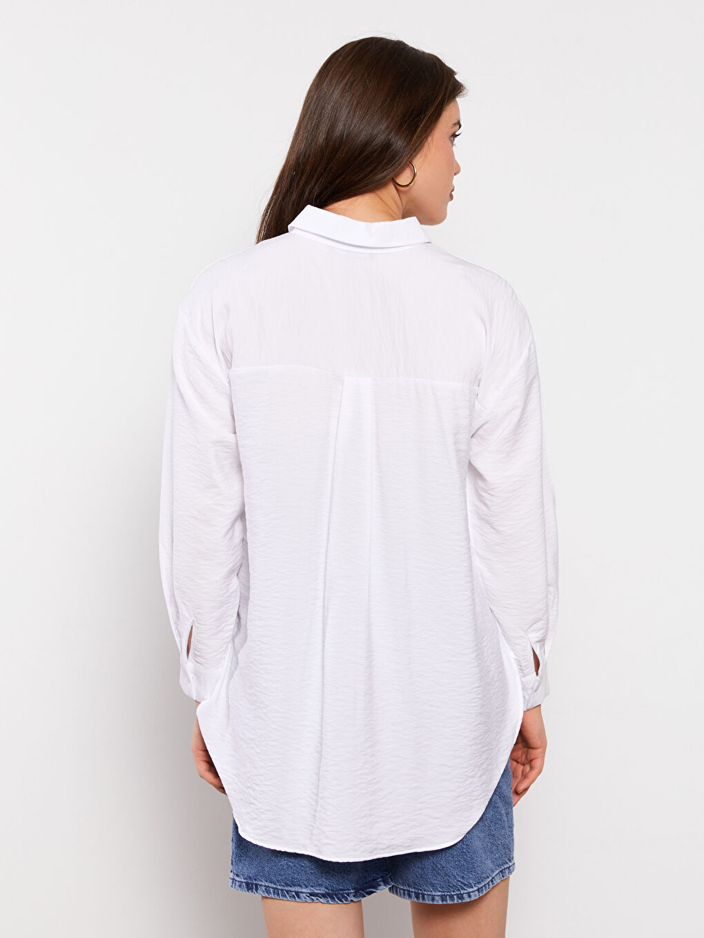 Beyaz Önden Düğme Kapamalı Düz Uzun Kollu Hamile Gömlek-4