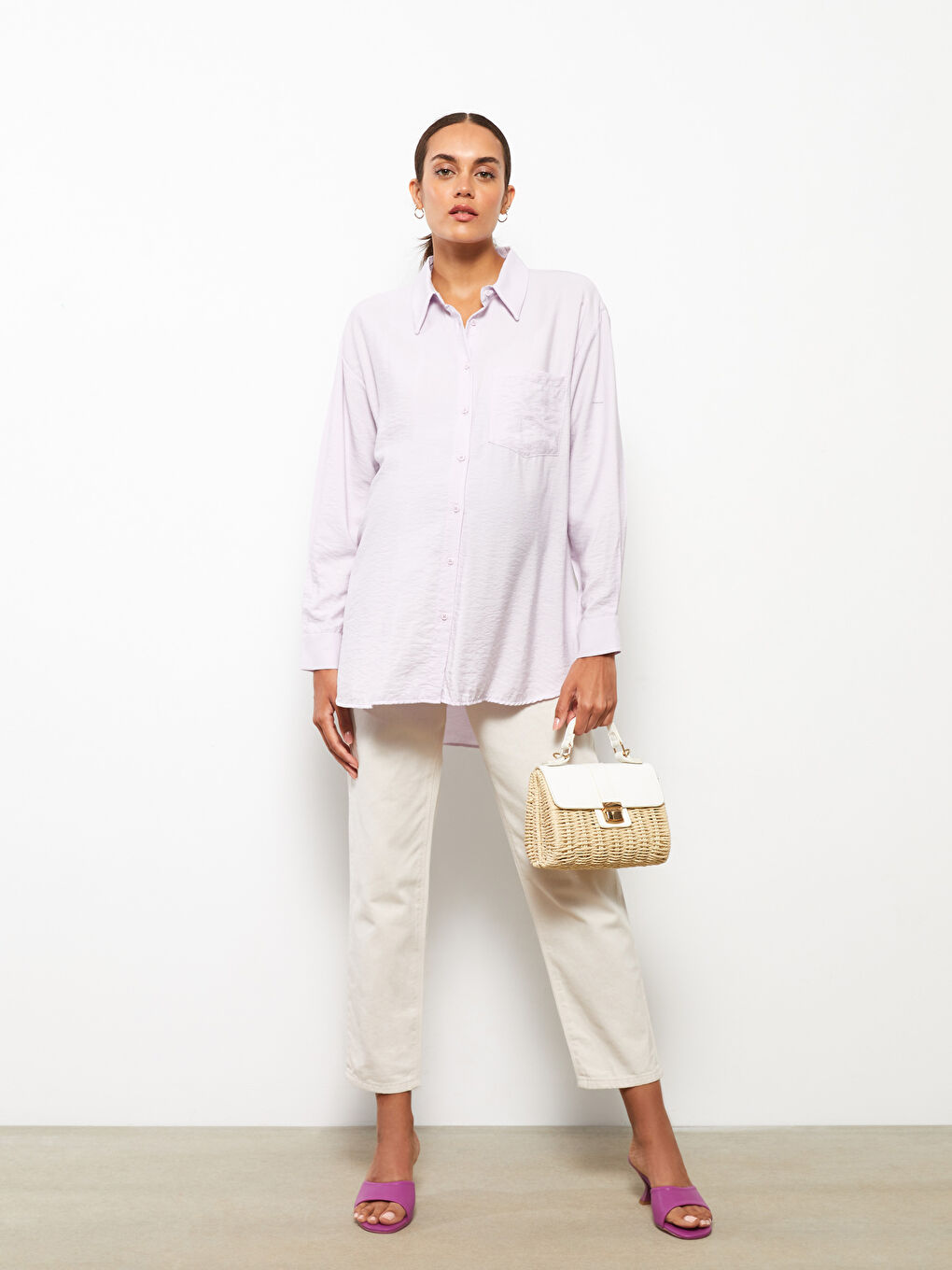 Түймелі стандартты ұзын жеңді жүктілік жейде-1