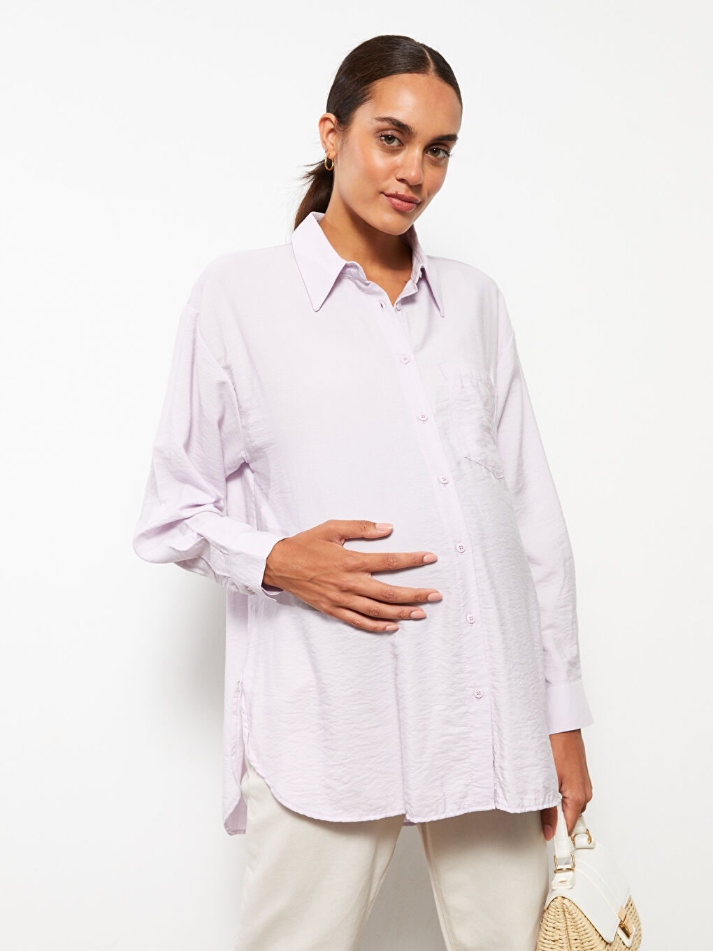 Түймелі стандартты ұзын жеңді жүктілік жейде-2