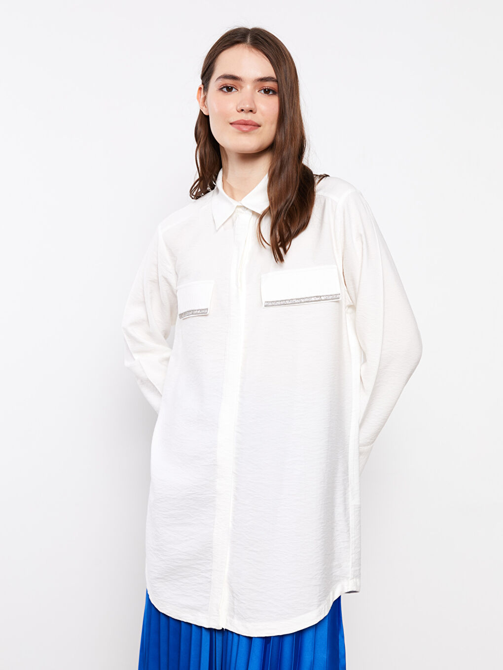 Beyaz Düz Uzun Kollu Kadın Gömlek Tunik-1