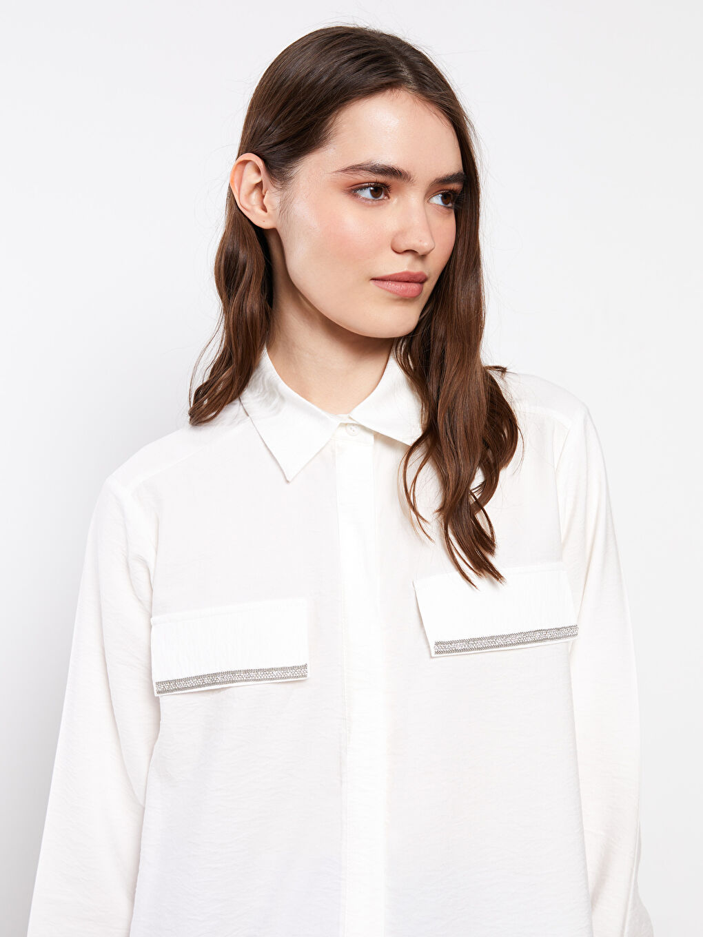 Beyaz Düz Uzun Kollu Kadın Gömlek Tunik-3