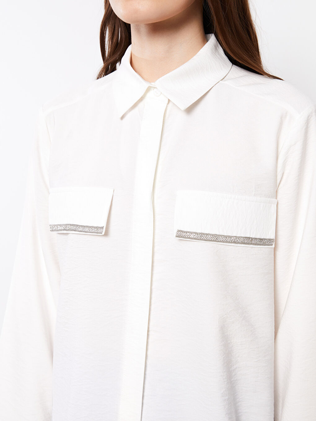 Beyaz Düz Uzun Kollu Kadın Gömlek Tunik-4