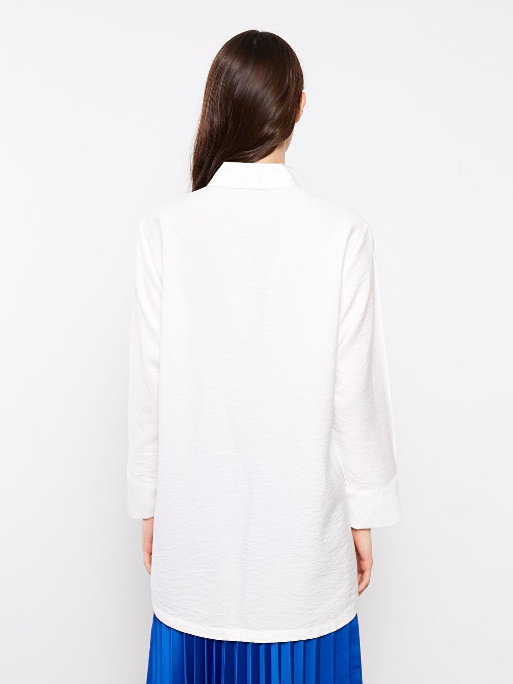 Beyaz Düz Uzun Kollu Kadın Gömlek Tunik-5