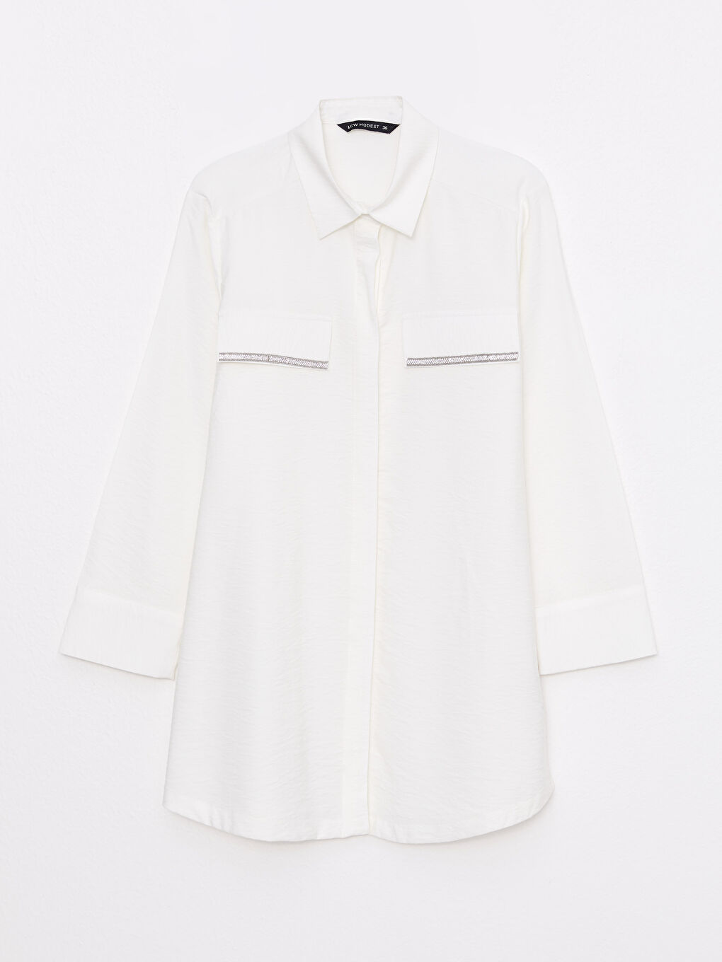 Beyaz Düz Uzun Kollu Kadın Gömlek Tunik-6