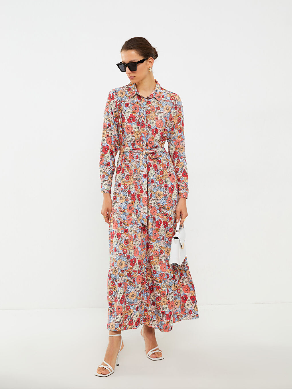 Floral Long Sleeve Viscose Women Shirt Dress-3