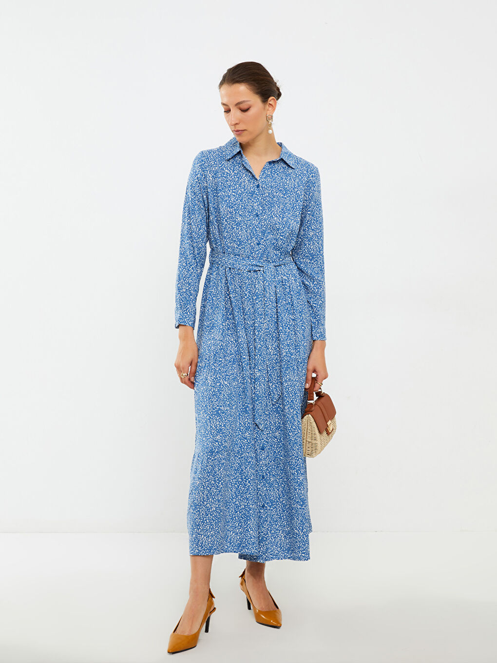 Patterned Long Sleeve Viscose Women Shirt Dress