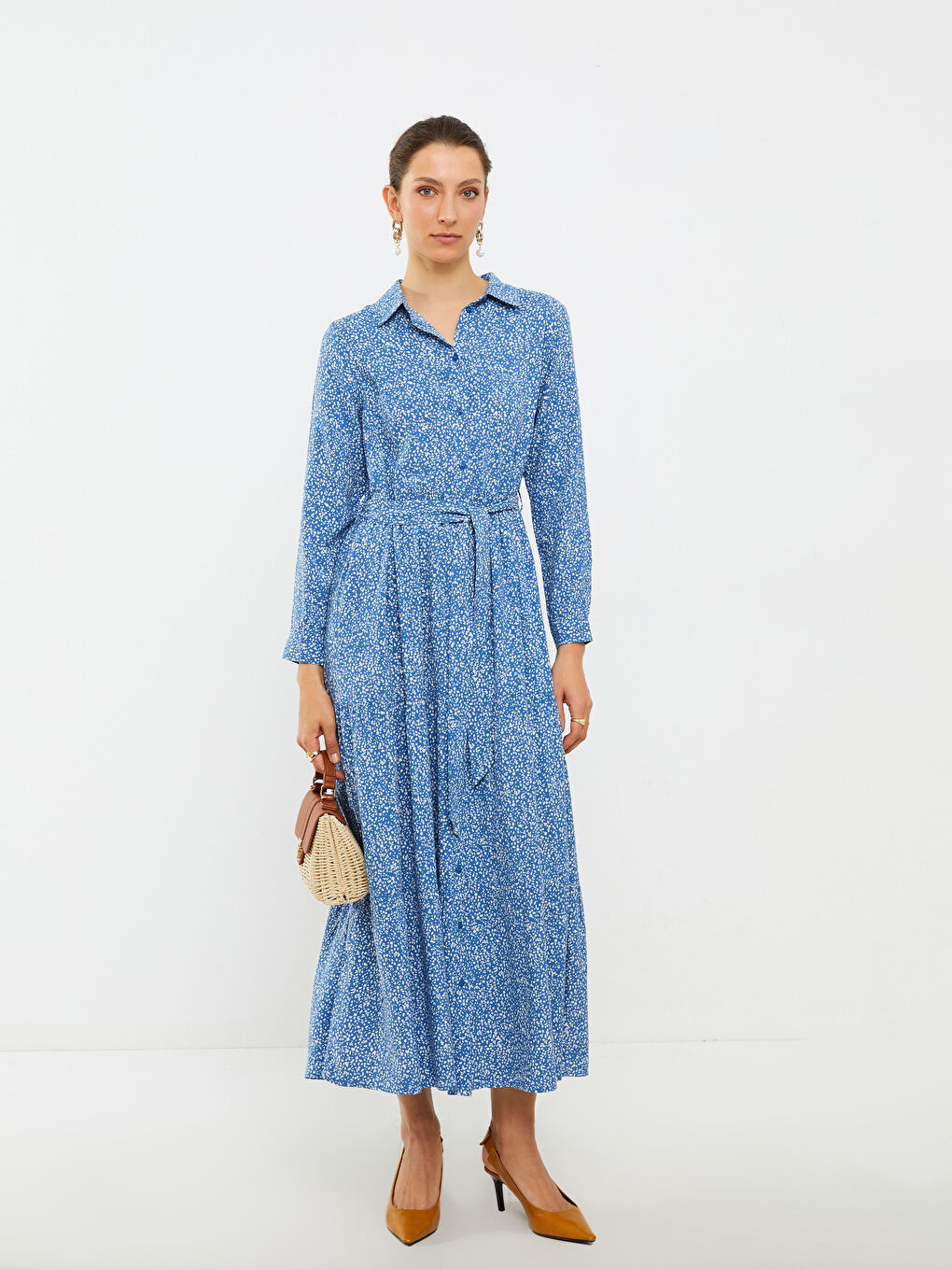 Patterned Long Sleeve Viscose Women Shirt Dress-1